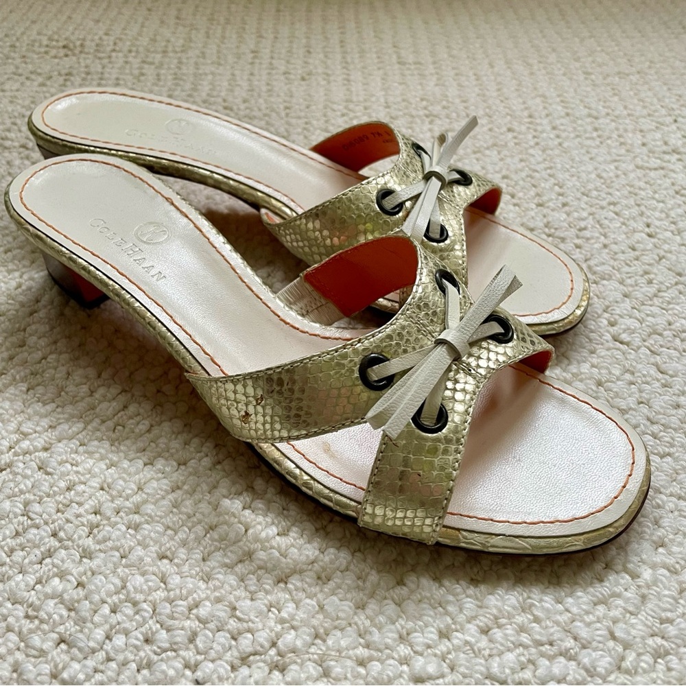 Cole Haan Metallic Snake Print Slide Sandals Low Heel
